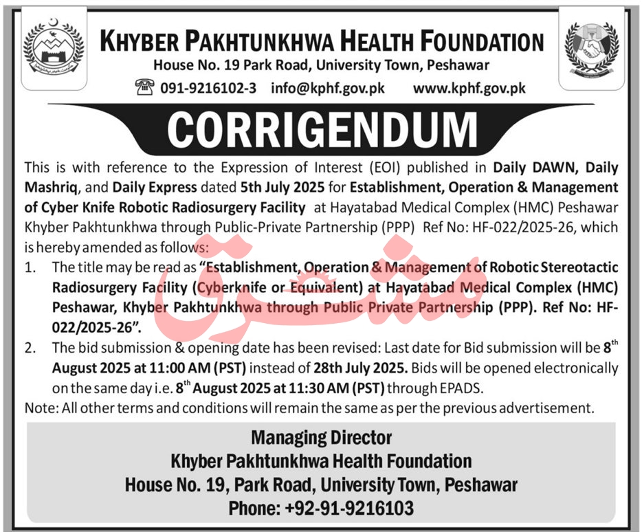 Khyber Pakhtunkhwa Health Foundation Peshawar Tender Notice